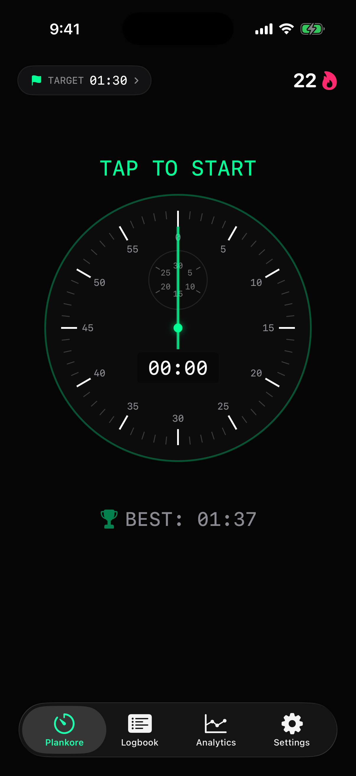 Plankore analog stopwatch interface